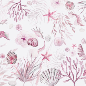 Carta da parati Motivo marino ad acquerello, stile boho, conchiglie, coralli, cotone, colori rosa