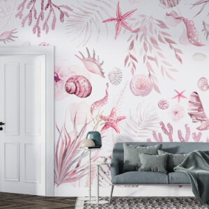 Carta da parati Motivo marino ad acquerello, stile boho, conchiglie, coralli, cotone, colori rosa