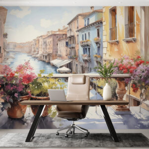 Carta da parati Fiori in vaso su un balcone a Venezia acquerello