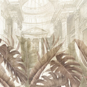 Carta da parati Un grande disegno con colonne architettoniche in marmo ornate e lussureggianti piante tropicali color seppia