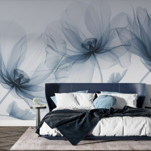 Carta da parati Fiore blu trasparente in stile raggi X su sfondo bianco Design botanico monocromatico minimalista