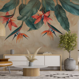 Carta da parati Fioritura tropicale su sfondo acquerello beige