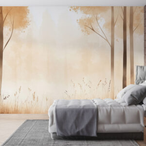 Carta da parati Acquerello foresta, nebbia, alberi, erba, paesaggio naturale, colore beige