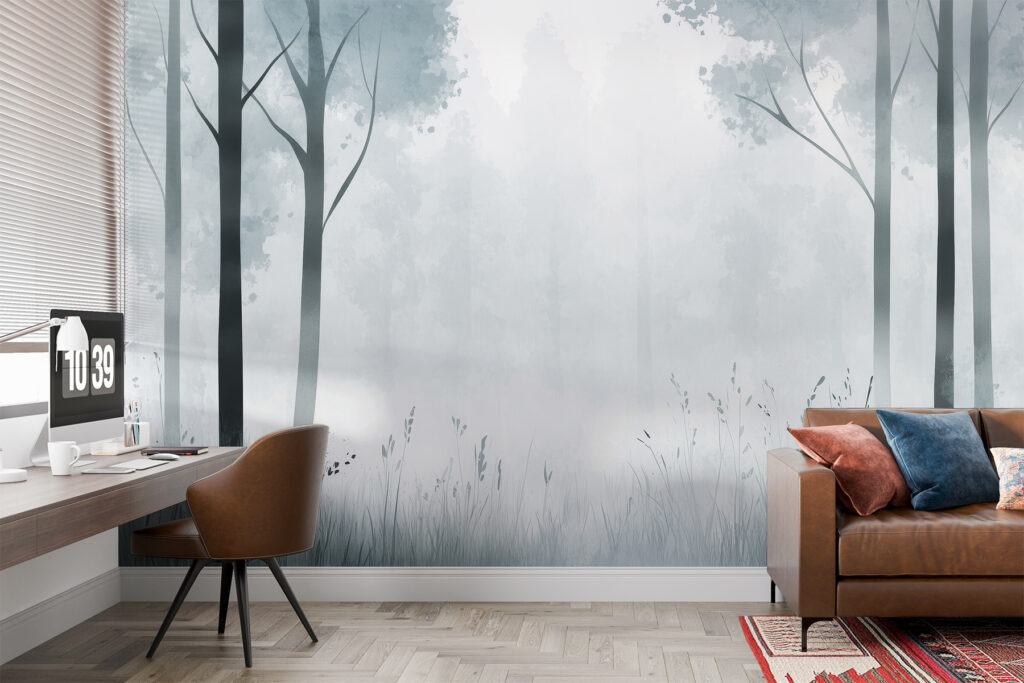 Carta da parati Acquerello foresta, nebbia, alberi, erba, paesaggio naturale, colore grigio