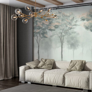 Carta da parati Silhouette di foresta nebbiosa nei colori verde, grigio chiaro e beige