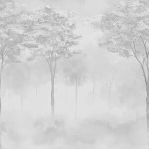 Carta da parati Silhouette di foresta nebbiosa in colore grigio