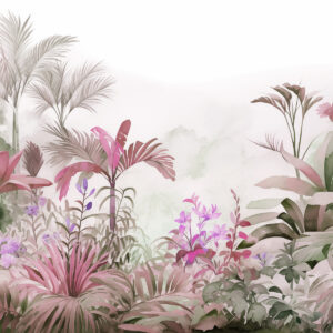 Carta da parati Foresta della giungla, acquerello, palme, floreale, colori rosa