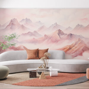 Carta da parati Montagne con nuvole, acquerello, colori tenui beige e rosa