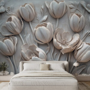 Carta da parati arte floreale 3D con graziosi tulipani in colore grigio