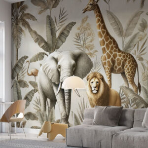 Carta da parati Carta da parati per bambini Safari con paesaggio tropicale e vari animali in colori eleganti