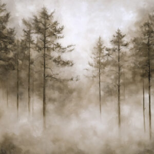 Carta da parati Foresta mistica, pini, nebbia, pittura acrilica, colori beige