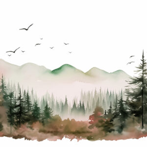 Carta da parati Acquerello foresta e paesaggi montani, colori verde e rosa