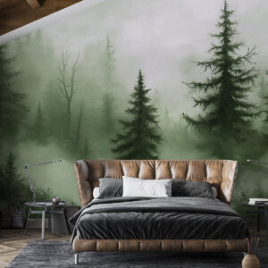 Carta da parati Foresta verde scuro, pittura a olio, pennellate, natura