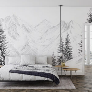 Carta da parati Montagne innevate, disegno a matita, minimalismo, foresta, natura