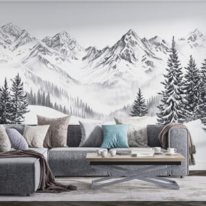 Carta da parati Montagne alpine nella neve, stile matita, minimalismo