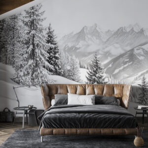 Carta da parati Inverno in montagna, foresta, Alpi, disegno a matita, paesaggi naturali
