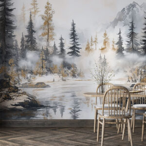 Carta da parati Paesaggio invernale con lago e foresta, montagne, stile pastello darwing