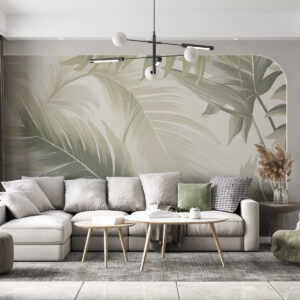 Carta da parati Motivo di grandi foglie tropicali in morbide tonalità verdi e beige, con sfumature morbide e delicati dettagli di texture