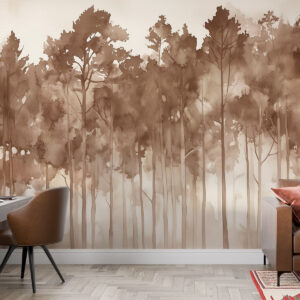 Carta da parati Foresta in stile acquerello, pini, paesaggio naturale, colori beige