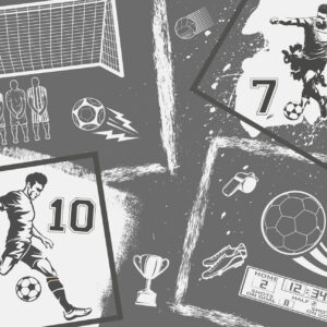 Carta da parati Giocatori di calcio, pallone e altri attributi del calcio in tonalità di grigio