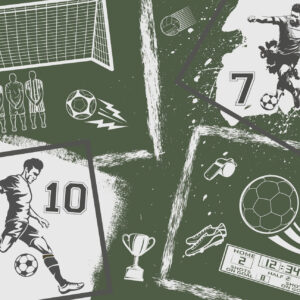 Carta da parati Giocatori di calcio, pallone e altri attributi del calcio in tonalità verde
