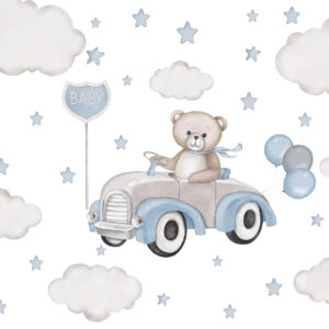 Carta da parati Adorabile illustrazione di un orsetto che guida un'auto d'epoca tra nuvole e stelle