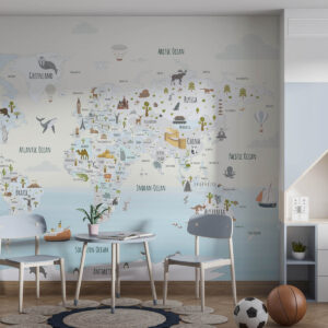 Carta da parati Mappa del mondo con animali e punti di riferimento