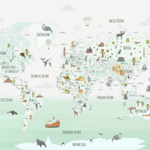 Carta da parati Mappa del mondo con animali e punti di riferimento