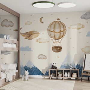 Carta da parati Mongolfiera, simpatica balena, cielo stellato, montagne, acquerello, colori blu e beige