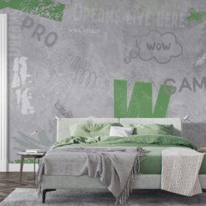 Carta da parati Disegno di street art con scritte di colore verde su sfondo di muro di cemento