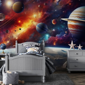 Carta da parati Cosmo colorato con pianeti e nebulose