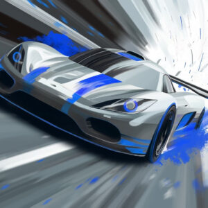 Carta da parati auto sportiva dinamica in stile disegno digitale con accenti blu