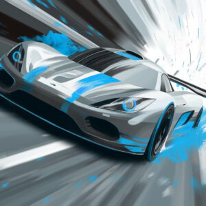 Carta da parati auto sportiva dinamica in stile disegno digitale con accenti turchesi