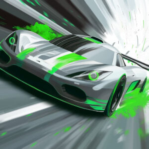 Carta da parati auto sportiva dinamica in stile disegno digitale con accenti verdi