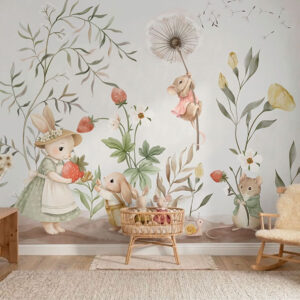 Carta da parati Illustrazione per bambini con un coniglietto e un topolino tra piante e fiori