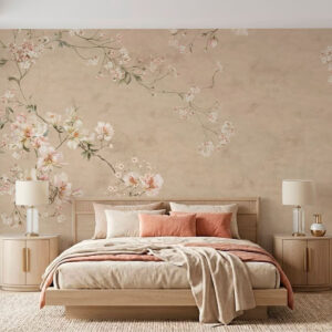 Carta da parati Rami floreali in stile chinoiserie su uno sfondo beige caldo
