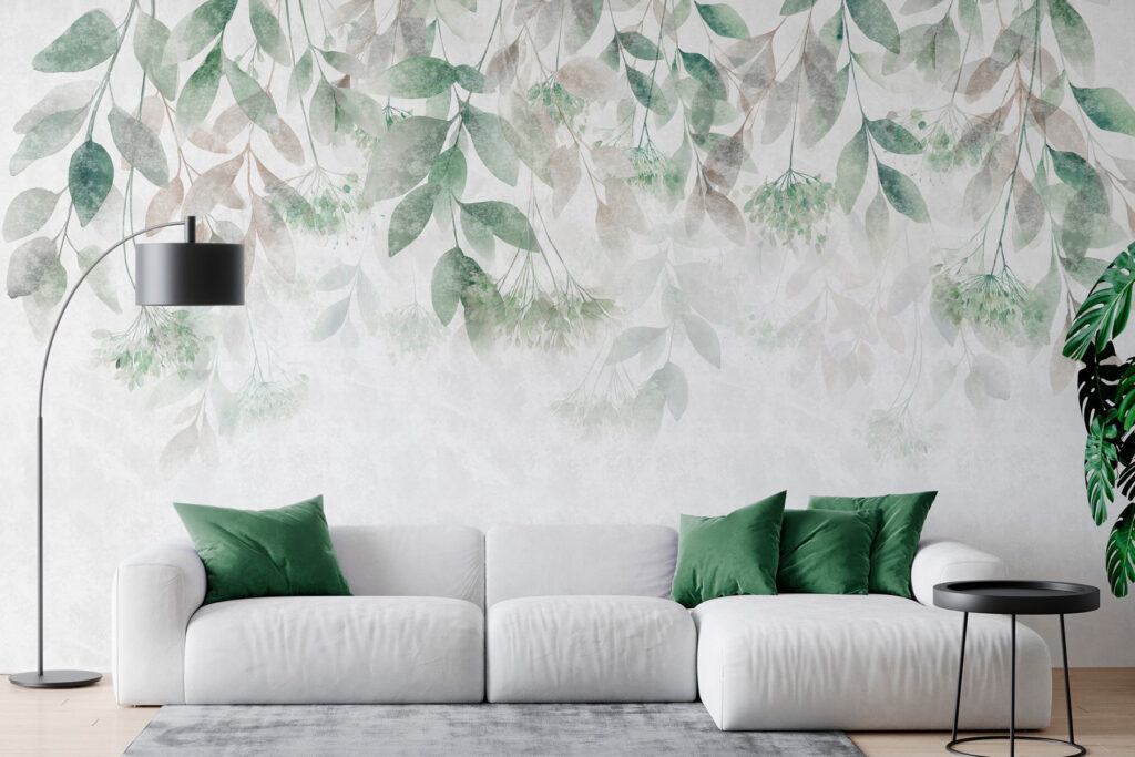 Carta da parati foglie ricche di texture che ricadono a cascata, con fiori nei toni del verde e del beige