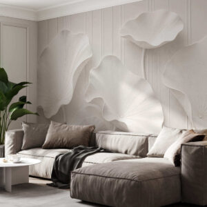Carta da parati Rilievo floreale scultoreo bianco con petali a strati, elegante decorazione murale tridimensionale