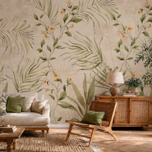Carta da parati Foglie tropicali e fiori delicati su sfondo beige
