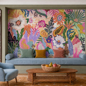 Carta da parati Motivo tropicale vivace con fiori, foglie e frutti colorati