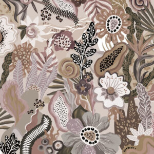 Carta da parati Motivo tropicale in stile pastello con fiori, foglie e tonalità tenui e delicate