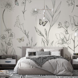 Carta da parati Boho Fiori e farfalle monocromatici