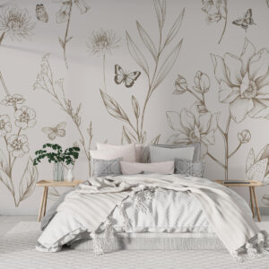 Carta da parati Boho Fiori e farfalle monocromatici in colore beige