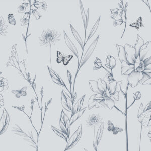 Carta da parati Boho Fiori monocromatici e farfalle in blu