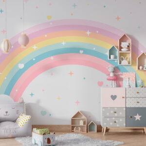 Carta da parati Arcobaleno colorato con stelle e cuori in stile scandinavo