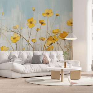 Carta da parati Piccoli fiori gialli su pittura a olio blu
