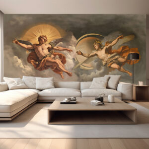 Carta da parati murale nello stile degli affreschi rinascimentali in tonalità beige e scure. Due figure maschili di divinità che si protendono l'una verso l'altra