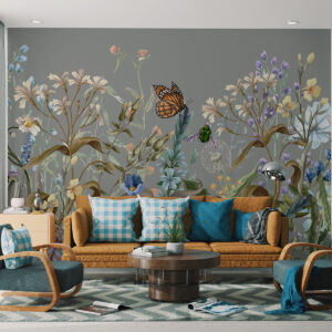 Carta da parati Un'illustrazione blu colorata di una scena di giardino fiorito e lussureggiante con insetti in uno stile onirico e fantastico