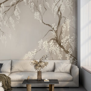 Carta da parati Delicato ciliegio bianco con fiori in fiore che sbocciano sui rami su sfondo beige