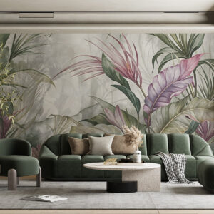 Carta da parati Giungla tropicale con grandi foglie verdi e fiori di protea rosa con sfondo sfocato e strutturato